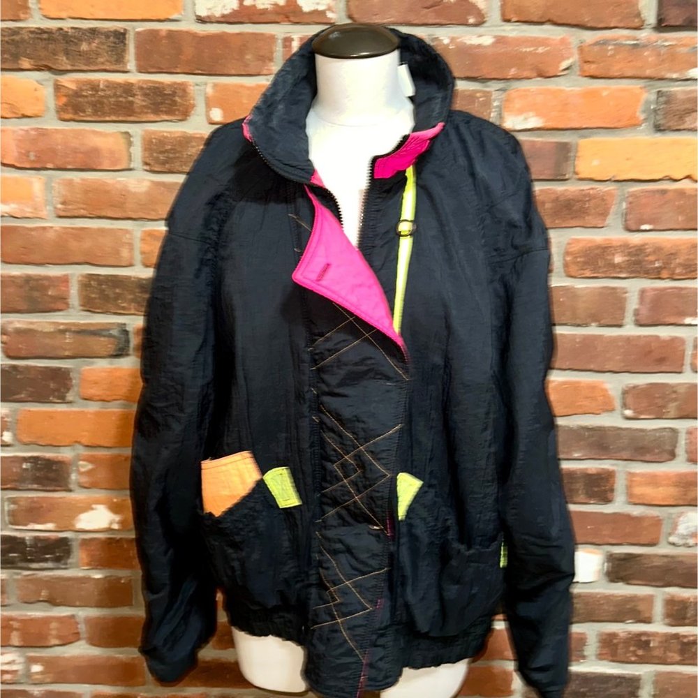 Vintage 80's 90's Apres Sport Black Neon Ski Jacket Size Medium